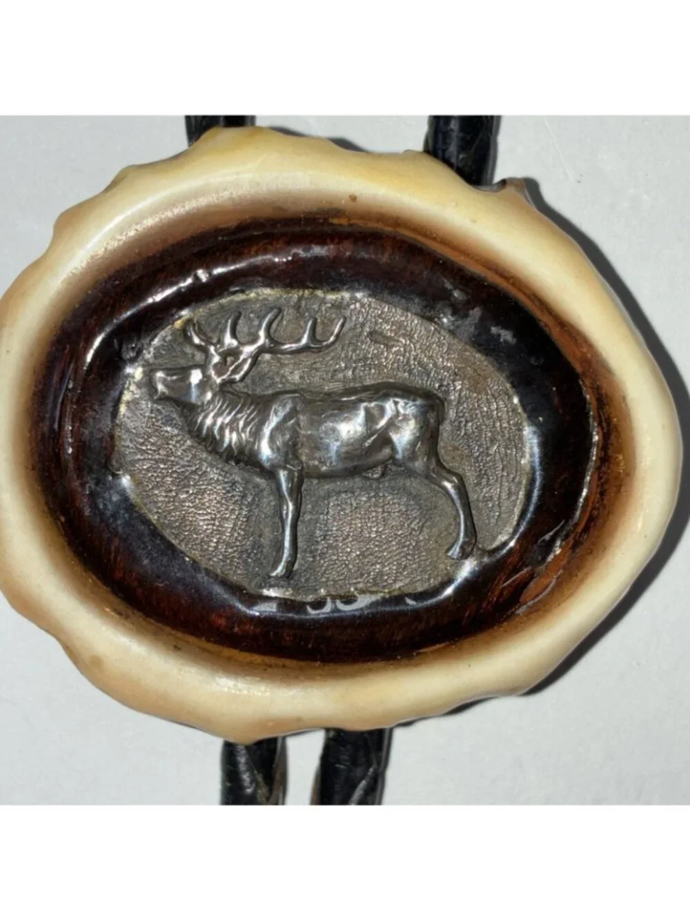 VTG Real Silver Elk on Faux Antler Bolo Tie Black Leather Cord